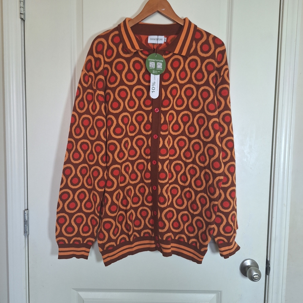 NWT OXKnit 70s Retro Style Button Down Polo Cardigan Sweater Size 2XL